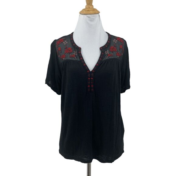 Lucky Brand Boho Blouse Womens S Small Black Embroidered Short Sleeve Semi Sheer - Picture 1 of 15